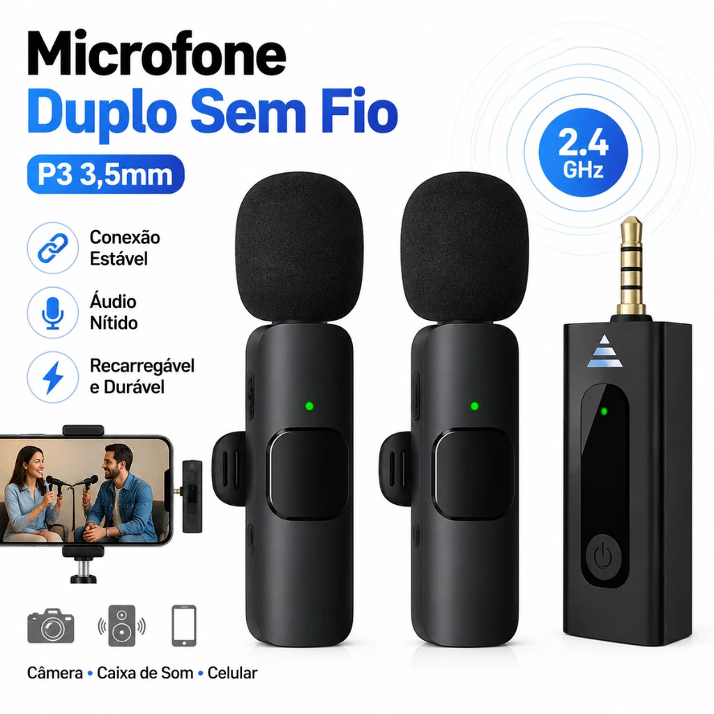 Kit Microfone De Lapela Duplo Sem Fio P3 3,5mm Recarregável Para Câmera Caixa De Som E Celular