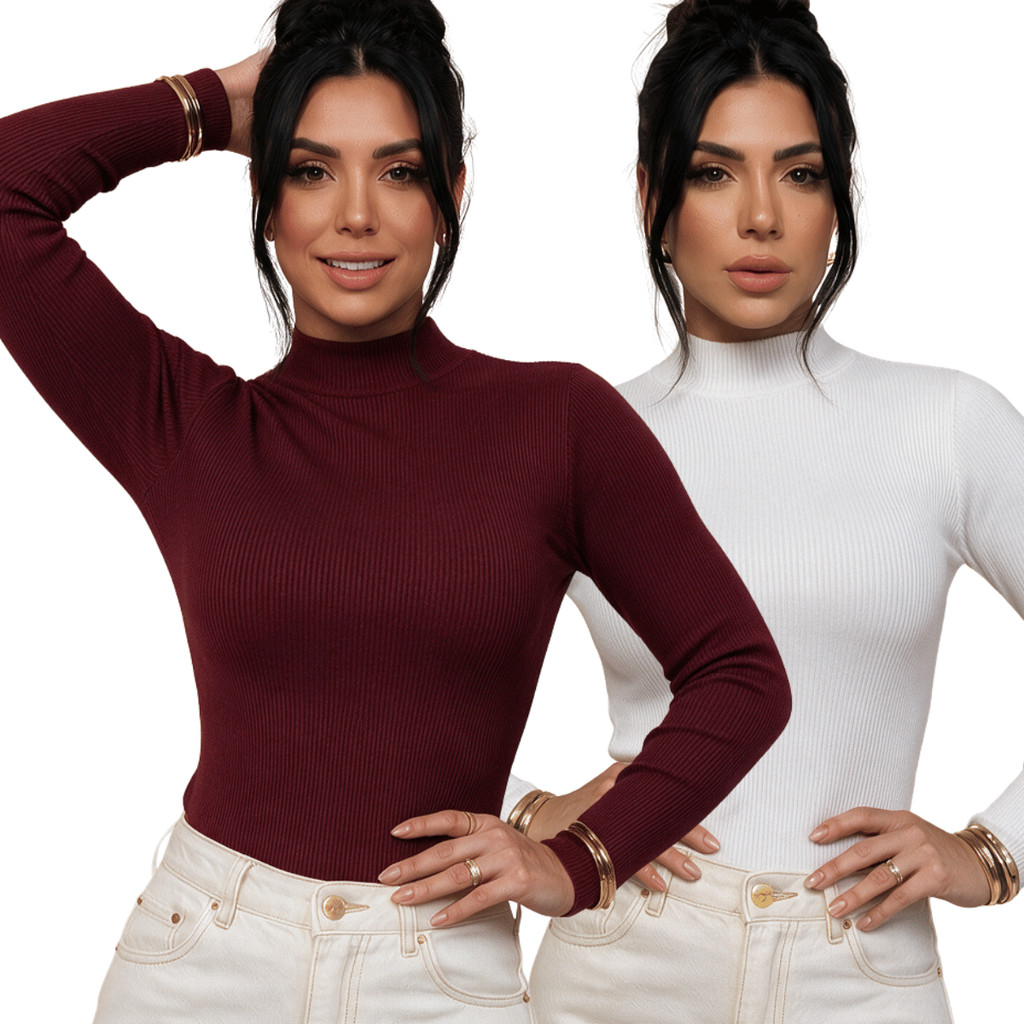 Kit 2 Blusa Feminina Manga Longa Cacharrel Gola Alta Canelada Básica Elegante Inverno Moda Casual