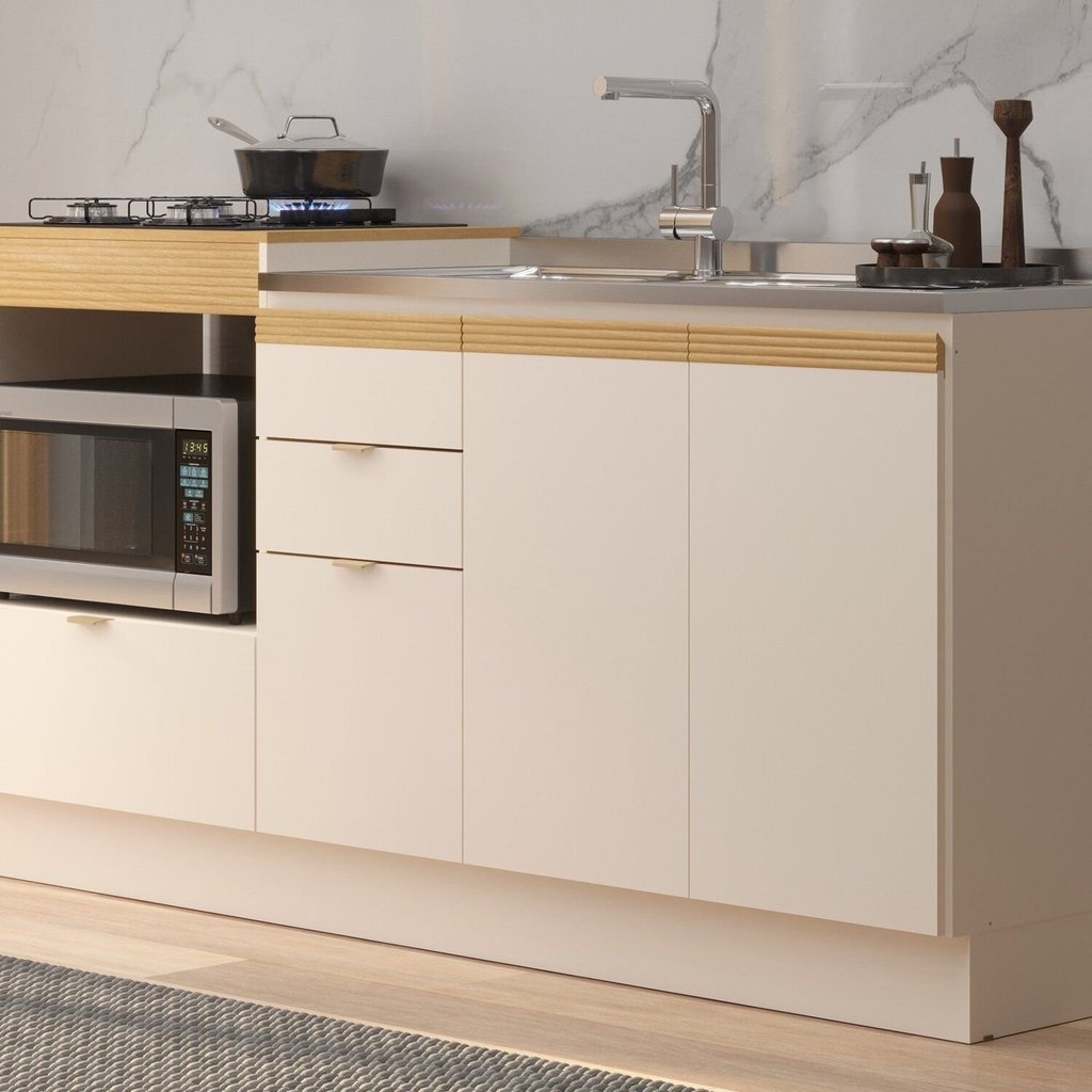 Balcao Pia com Balcao para Cooktop Ayla Yescasa Bege/Off White/Tauari Ambar