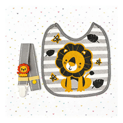 Prendedor de Chupeta Bebê com Babador Leãozinho Enxoval Infantil Acessório para Bebê