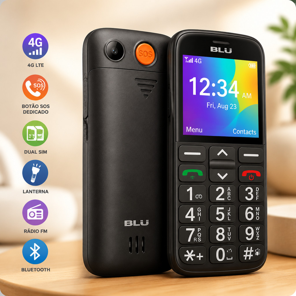Celular BLU Joy 4G para Idoso com Teclas Grandes Botão SOS Dual SIM Lanterna Rádio FM Bluetooth