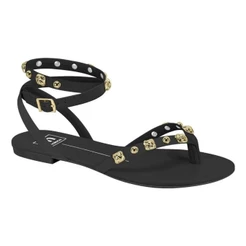 Sandália Moleca Rasteira Casual Preta Tachas Douradas