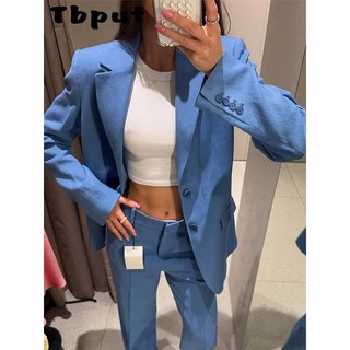 Elegante Conjunto Feminino Azul de Blazer e Calça, com Lapela Sólida, Botões, Bolsos, Casaco e Calças com Zíperes Largos