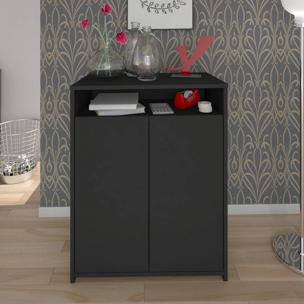 Armário para Escritório Baixo 2 Portas 2 Prateleiras Cool Preto Artany Preto