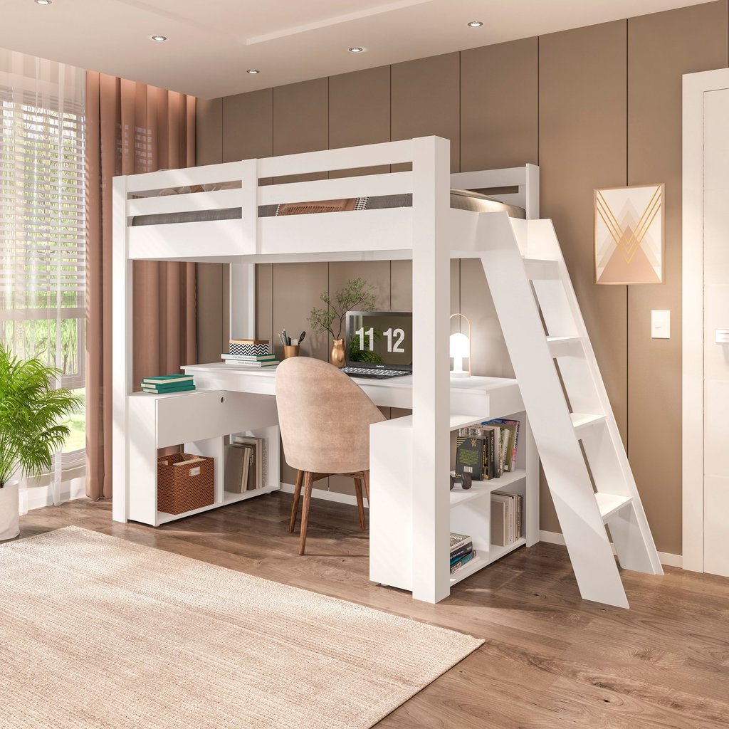 Cama Alta Beliche Office Solteiro Adulto com Escrivaninha Star Light Branco Branco