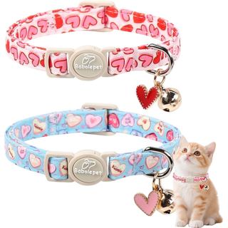 2 Coleiras de Dia dos Namorados - Coleira de Segurança para Gatos com Sino, Pingente de Coração Rosa e Vermelho, Coleira