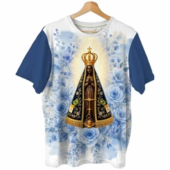CAMISA NOSSA SENHORA APARECIDA FLORAL MARINHO RELIGIOSA (06)