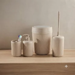 Kit Banheiro 4 Peças Com Detalhes Em Bambu Lixeira Dispenser Porta Escovas Escova Sanitária