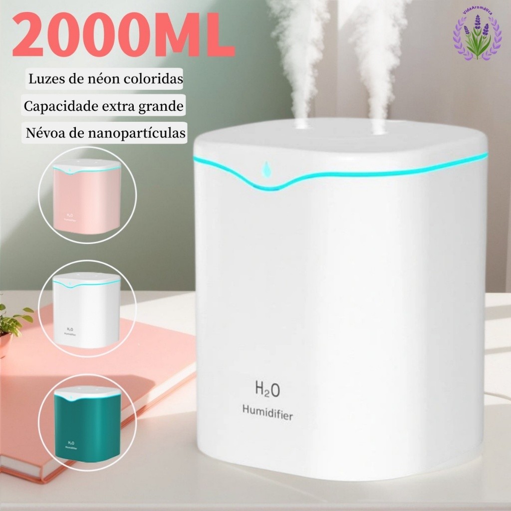 Umidificador Grande De Ar 2000ML Para Quarto Silencioso e Aromatizador Saída Dupla Luzes Coloridas