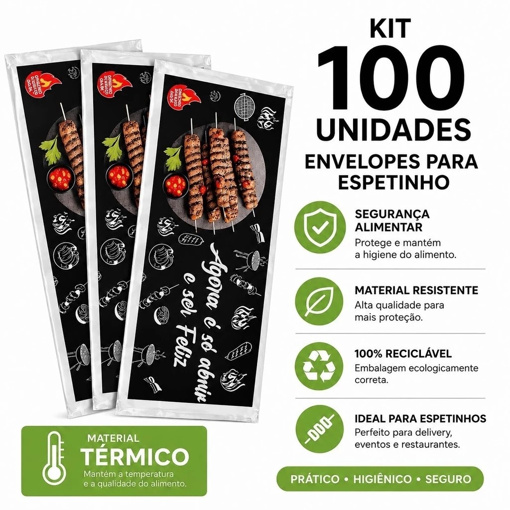 Kit Envelopes Térmicos 100 Unidades Para Espetinho Delivery Segurança Alimentar Material Resistente