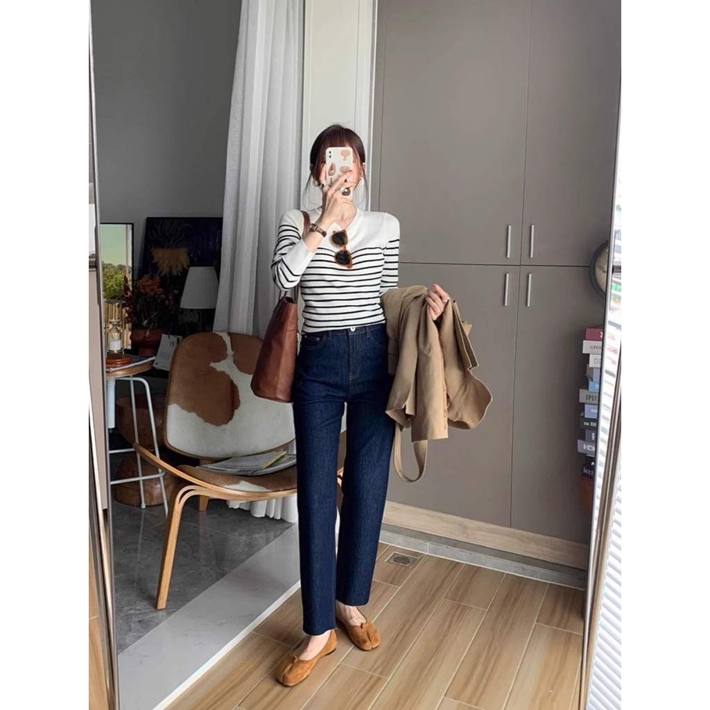 Branco listrado de manga comprida camiseta camisola feminina outono inverno 2026 primavera outono Bottoming interior com
