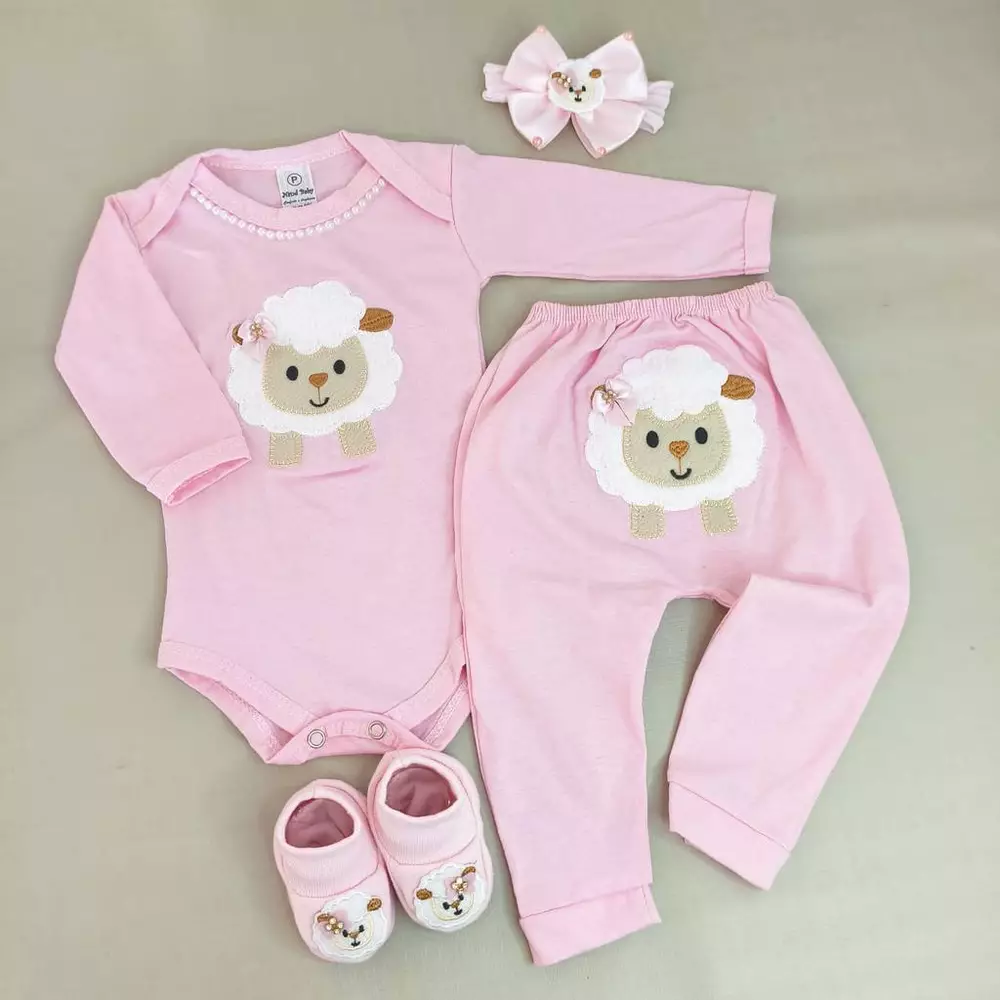 Conjunto Body Bebe Menina com Calca Tiara e Sapatinho do Tema Ovelhinha