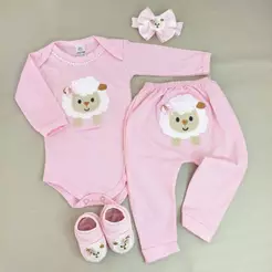 Conjunto Body Bebe Menina com Calca Tiara e Sapatinho do Tema Ovelhinha