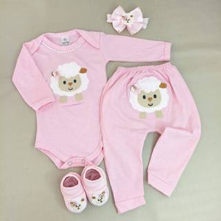 Conjunto Body Bebe Menina com Calca Tiara e Sapatinho do Tema Ovelhinha