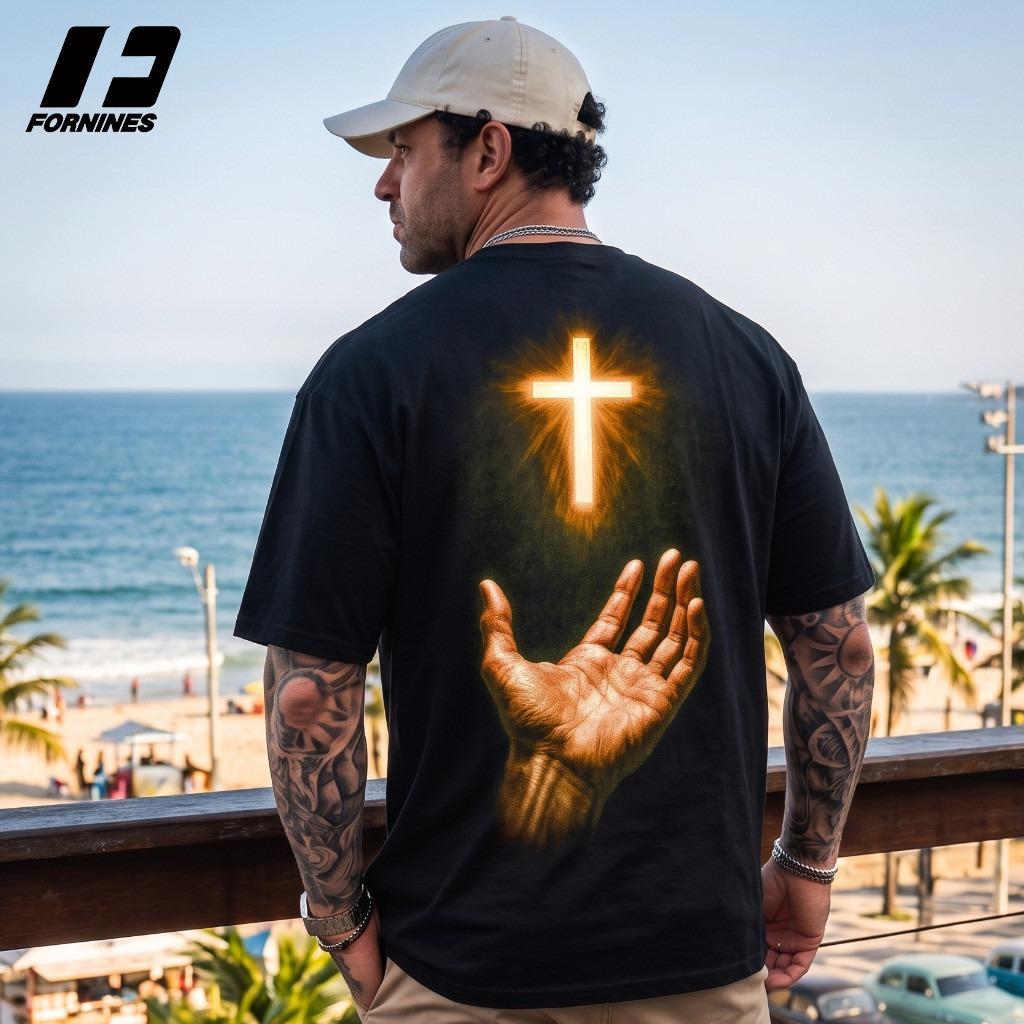 Camiseta Religiosa Cruz Iluminada Fé Jesus 100% Algodão Penteado Estampa Grande Profissional Streetwear Unissex