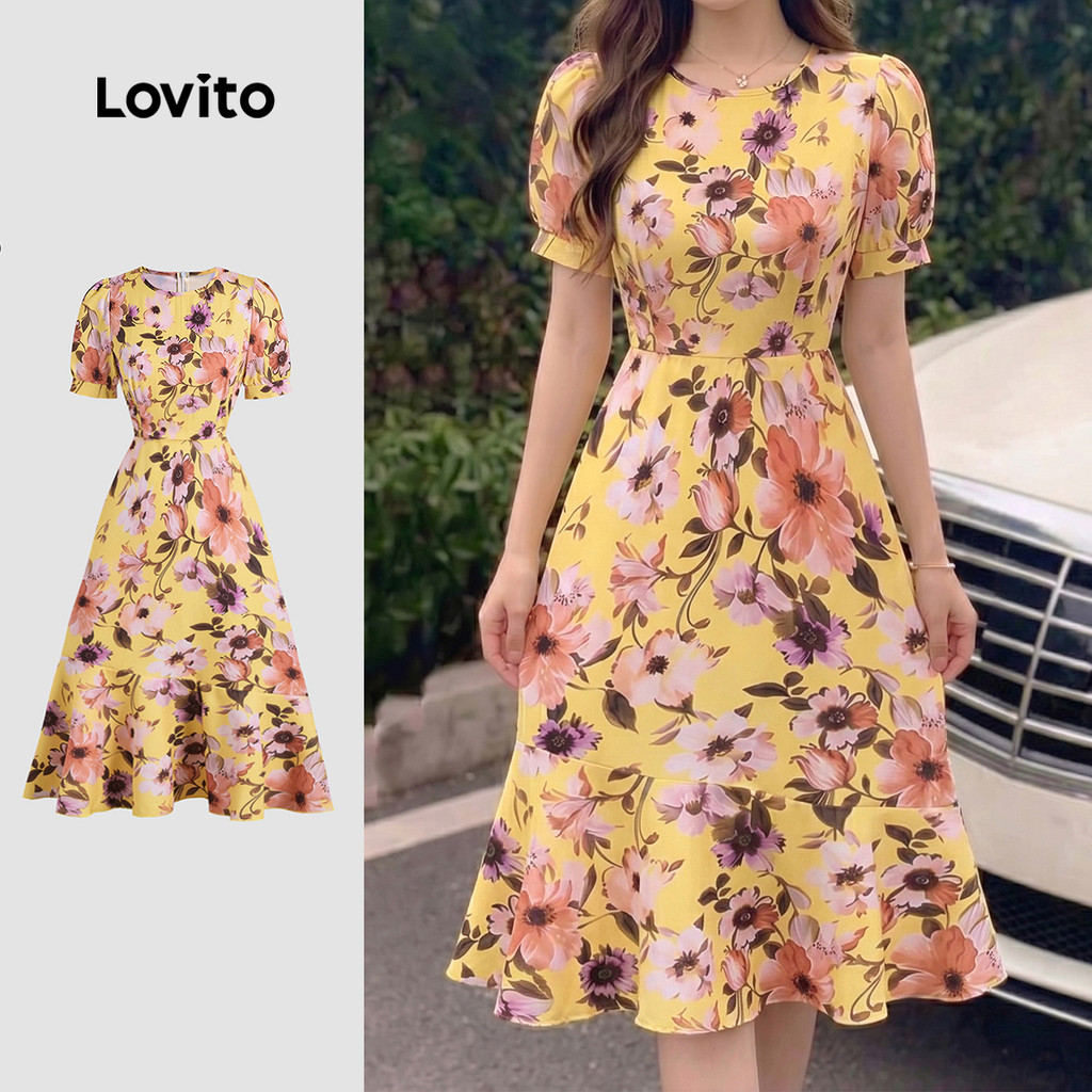 (New Arrival) Lovito Vestido Elegante com Zíper e Franzido Na Barra Vestido Femi