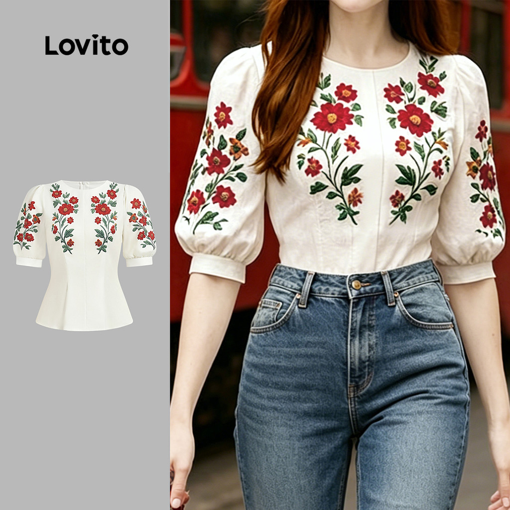 Lovito Elegante Blusa Estruturada com Flores Primavera/verão Blusa Branca para Mulheres L195AD237