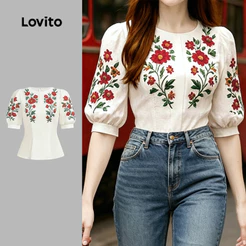 Lovito Elegante Blusa Estruturada com Flores Primavera/verão Blusa Branca para Mulheres L195AD237