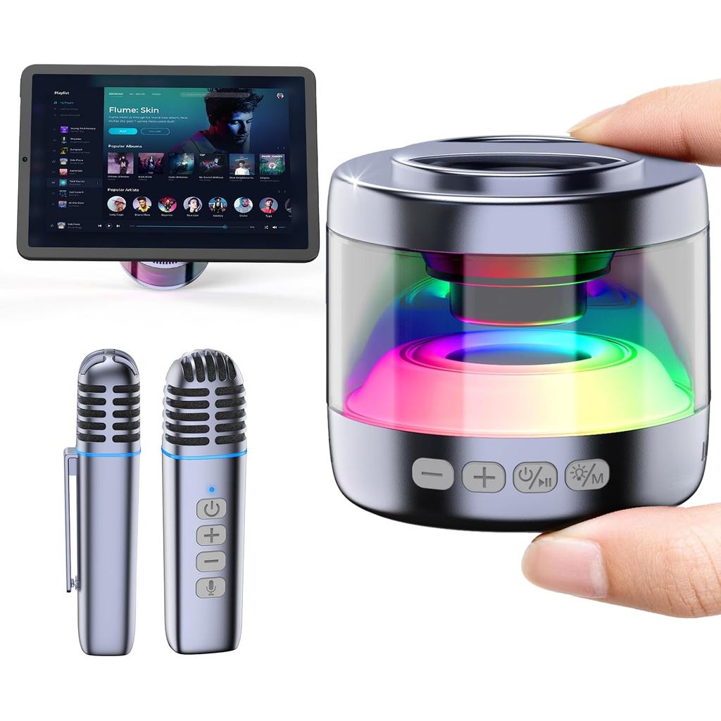 [6] Mini Máquina de Karaokê com Suporte Magnético para Telefone, Caixa de Som Portátil com Bluetooth e 2 Microfones de L