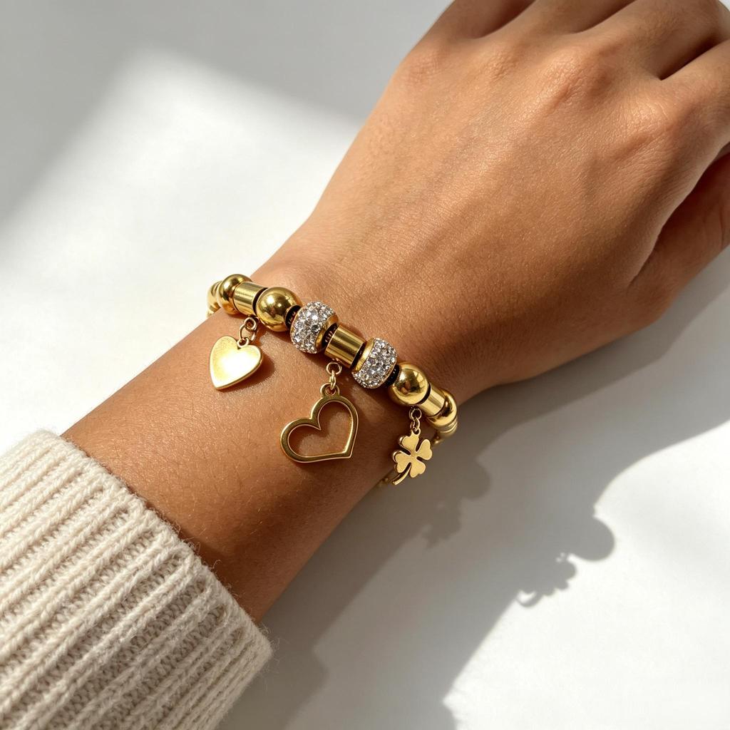 Pulseira Bangle Aço 316L Hipoalergênico Pingentes Coração Trevo Semijoia Feminina Ouro Prata Uso Casual Festa