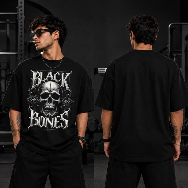 Camiseta Oversized Estampada Black Bones 100% Algodão Premium Manga Padrão Streetwear Casual Confortável Unissex