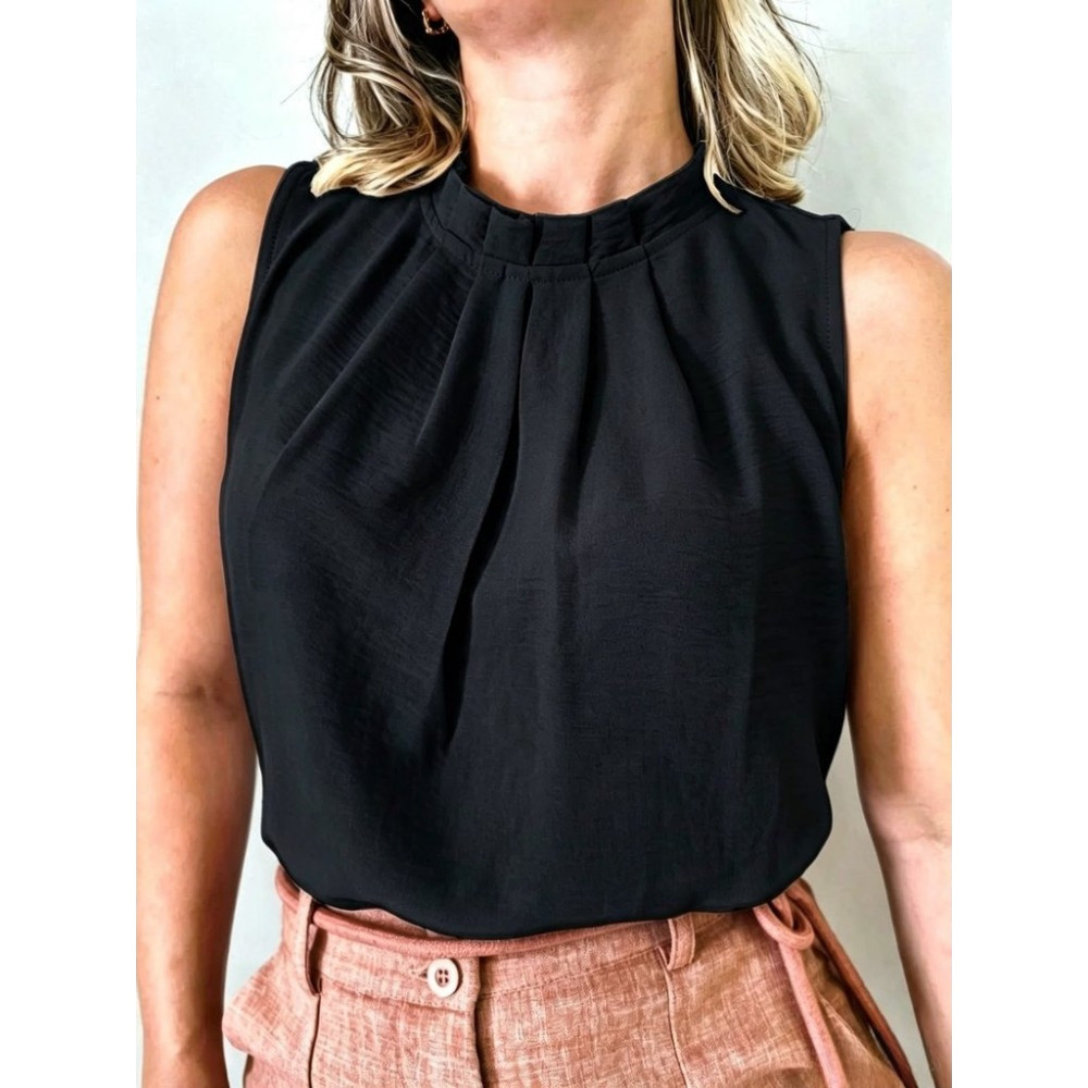 Regata Feminina Social Gola Alta Com Botão Na Costa Moda Super
