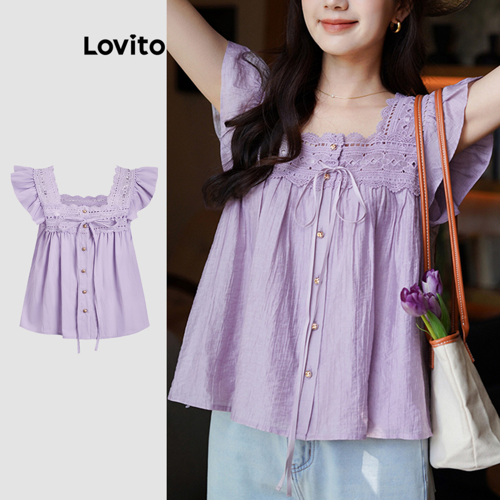 Lovito Férias Blusa De Verão/Primavera Com Babados E Gola Contrastante Para Mulh