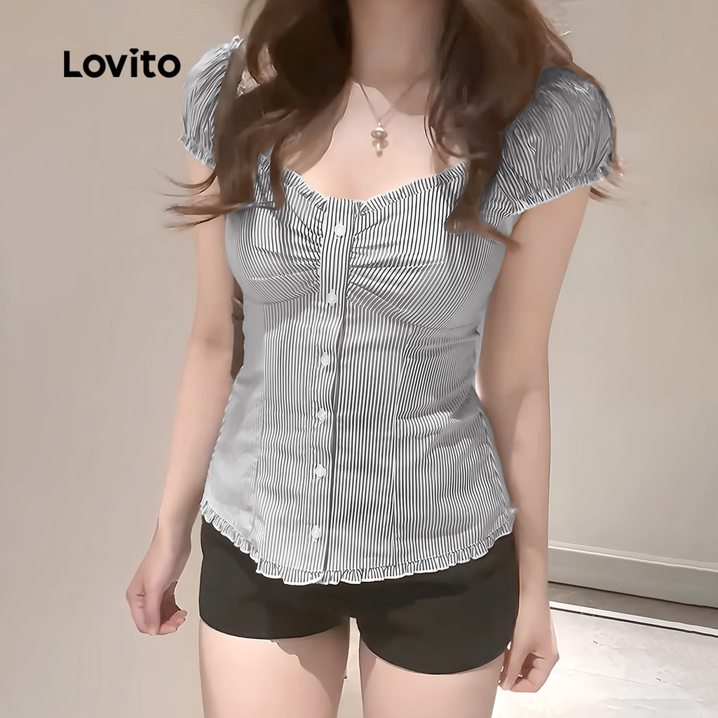 Lovito Casual Blusa Feminina Listrada Com Botões E Pregas Blusa Verão/primavera L133AD630