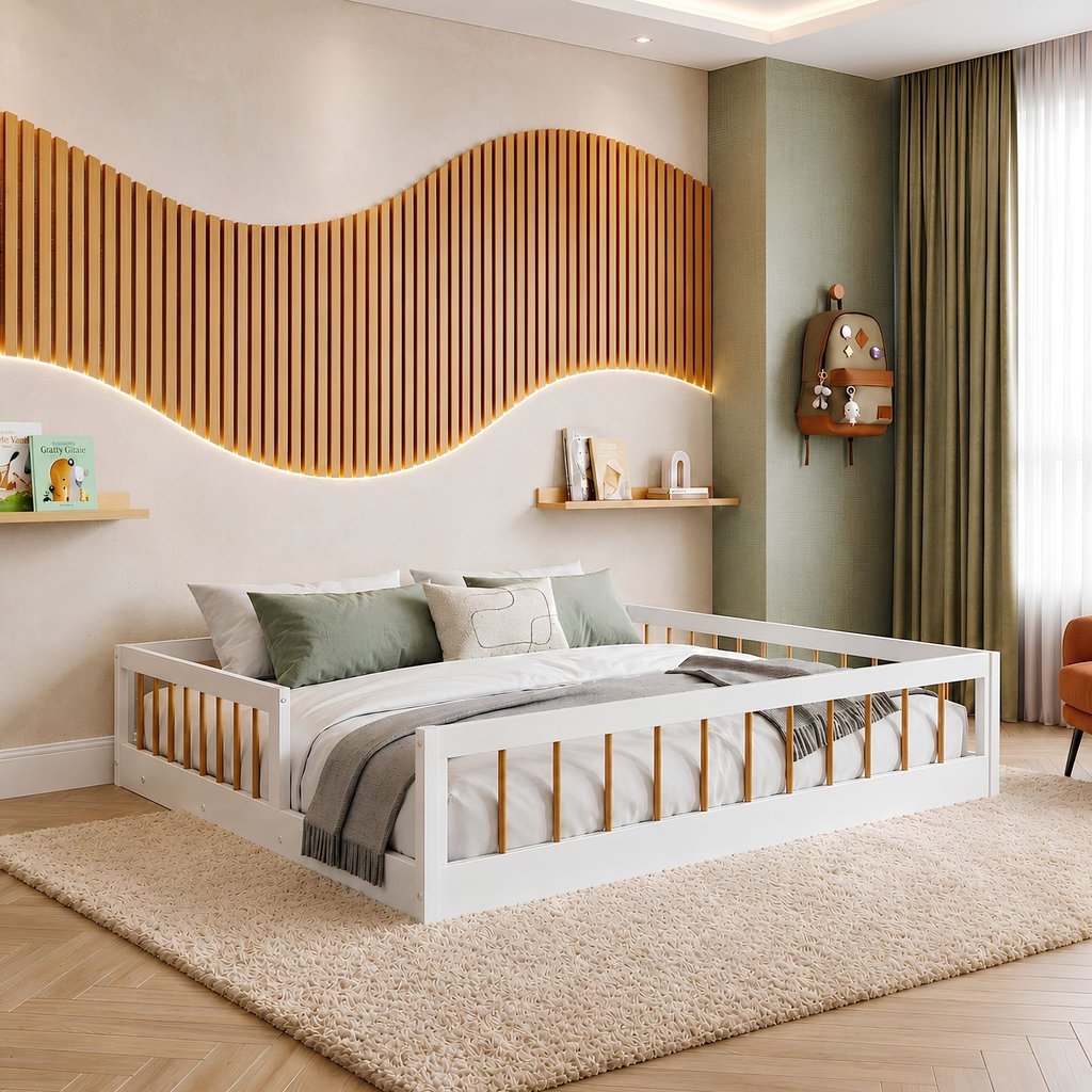 Cama Montessoriana Casal Ana 144,8x195x36cm Marrom/Branco/Amadeirado Branco/Amadeirado