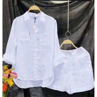 Conjunto de Camisa de Manga Longa e Shorts Branco para Mulheres, Moda Verão 2024, Algodão e Linho, Roupas Casuais para C