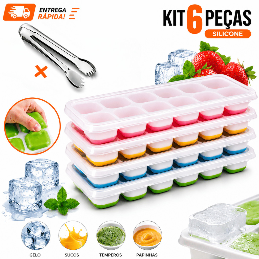 Kit  Formas De Gelo Silicone Com Tampa Rígida Flexível Fundo 14 Cubos Retangular Multiuso Lavável - Escolha A Cor