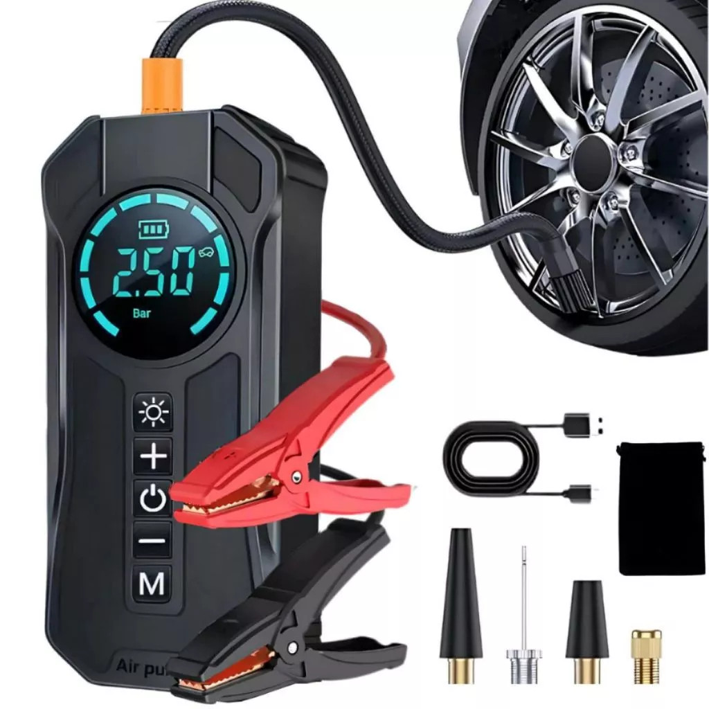 Bomba de Ar Portatil Compressor Inflator Multi-função 4 em 1 PowerBank 8kmah Bateria Calibrador de Carro Auto Pneu.