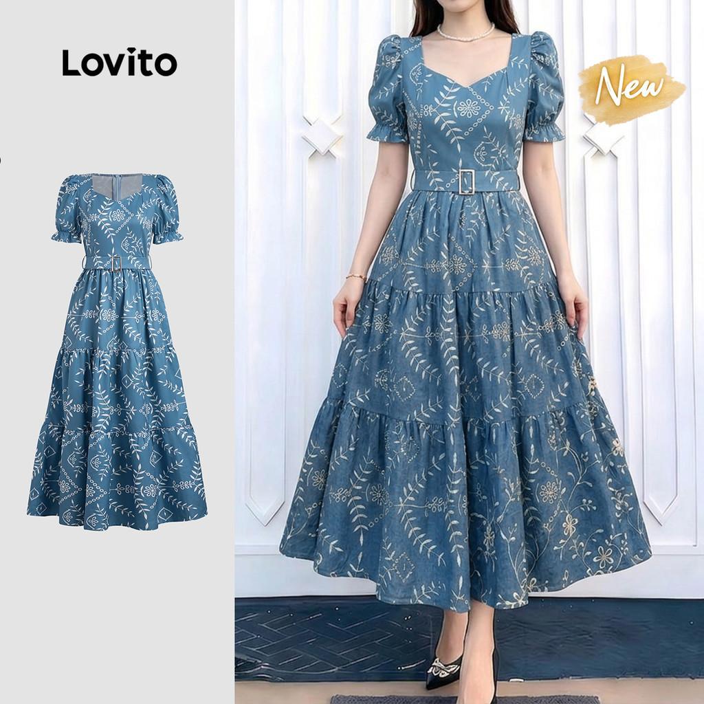 (New Arrival) Lovito Vestido Boho com Zíper Azul Primavera/verão para mulheres D