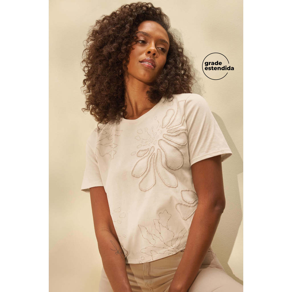 T-Shirt Feminina Floral Puff Marialícia Bege