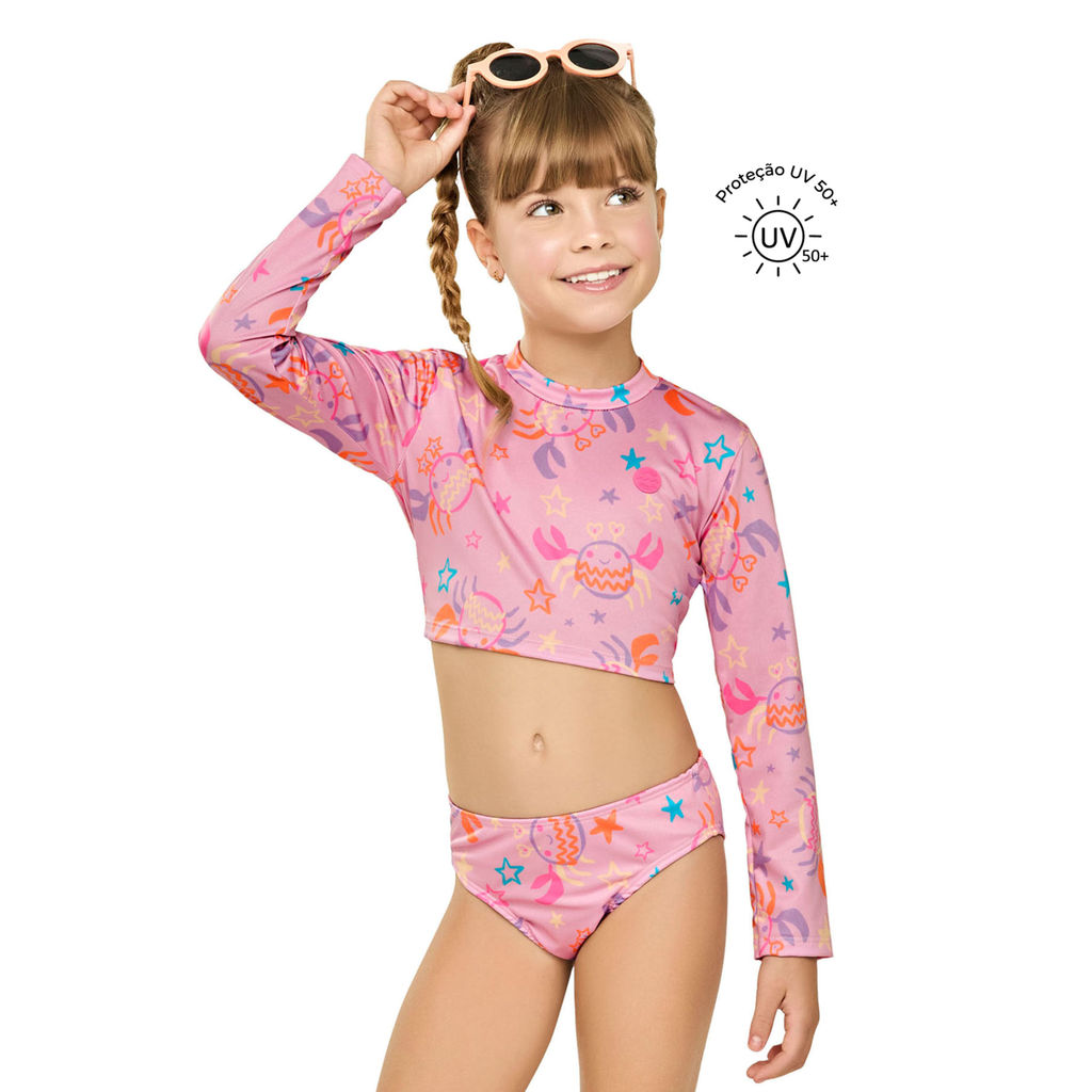 Conjunto de Praia Menina Infantil Proteção UV Elian Rosa