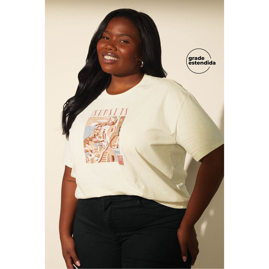 T-Shirt Feminina Eco Linho Estampada Marialícia Bege