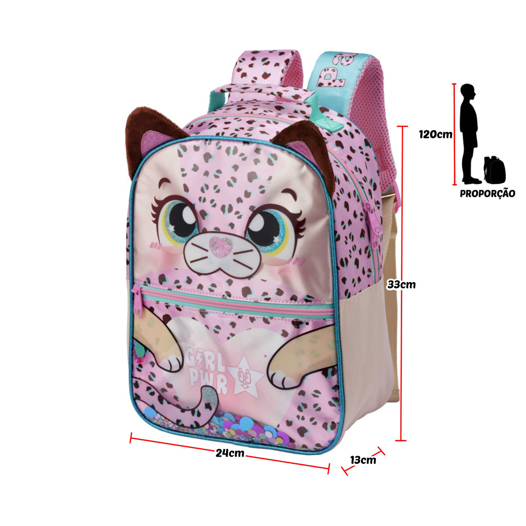 Mochila de Costas Infantil Menina Feminino Resistente Escolar Passeio Viagem Leve Gatinha Gata Bolsa