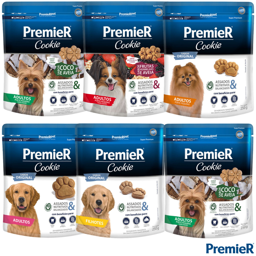 Premier Cookie Assados Crocantes 250g Sabores frutas vermelhas Coco Cães Filhotes Adultos Porte Pequeno