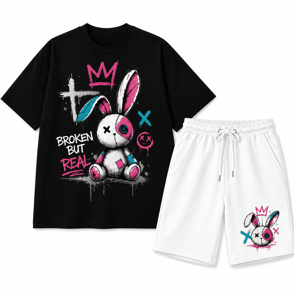 Conjunto Camiseta e Bermuda Coelho Broken But Real Streetwear Estampado Dark Grunge Aesthetic