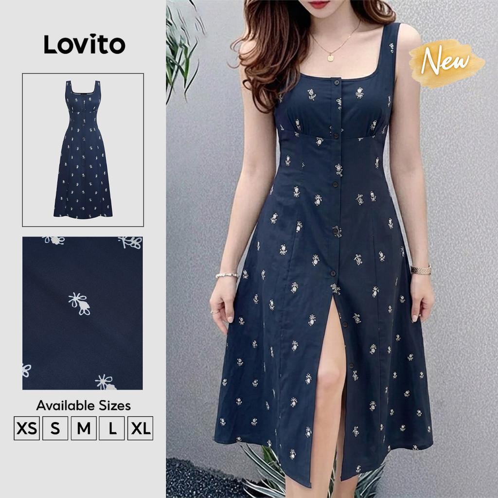 (New Arrival) Lovito Vestido Feminino Longo Boho Floral Miúdo Com Botões Corte A Azul Estilo Retrô Anos 90 Para Primavera/verão E Férias DRB201P1D092