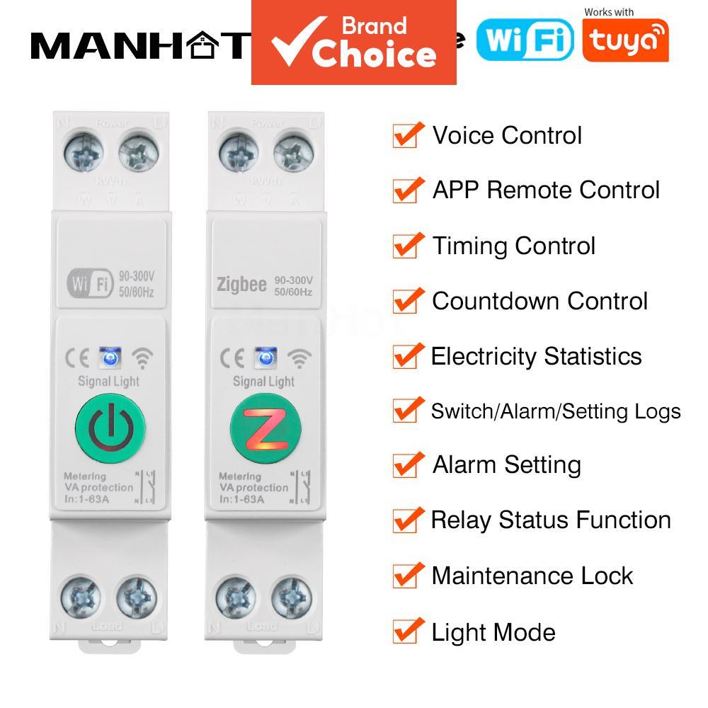 MANHOT Para Disjuntor Inteligente TUYA 63A WiFi, Interruptor de Controle Remoto Sem Fio com Proteção contra Sobrecarga e
