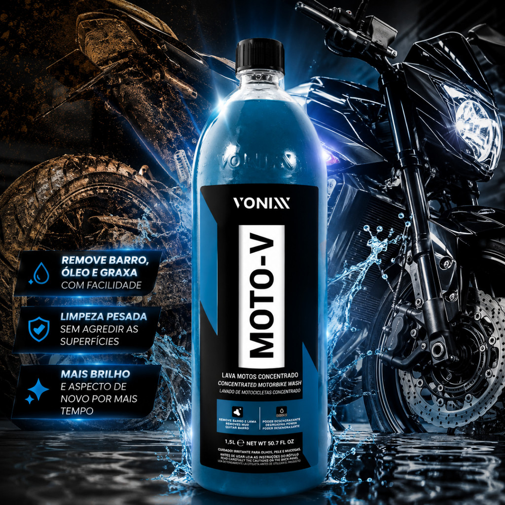 MOTO V 1,5L Vonixx Lava Motos Shampoo Desengraxante para Diluir Lava Autos e Motos Remove Graxa Alto poder de limpeza