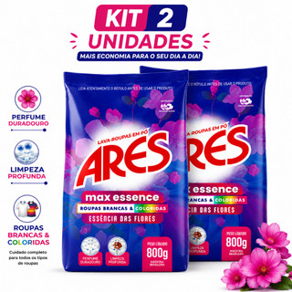 Kit 2 Sabão em Pó Ares Max Essence 800g Perfumado Lavagem de Roupas