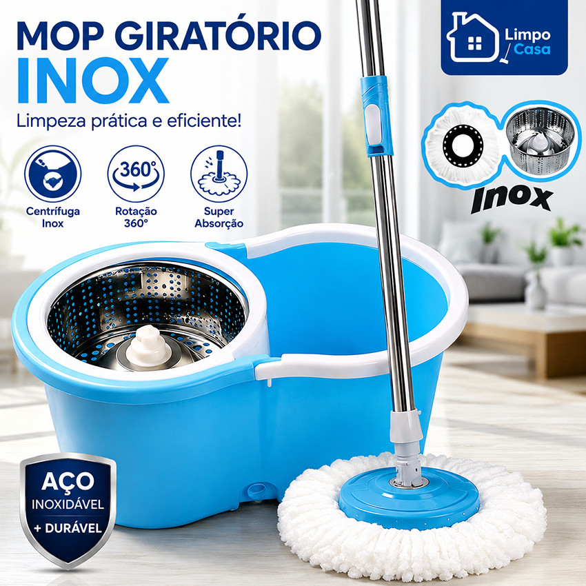 Mop Giratório com Balde 2 em 1 Inox + Esfregão Microfibra 360° para Limpeza de Casa