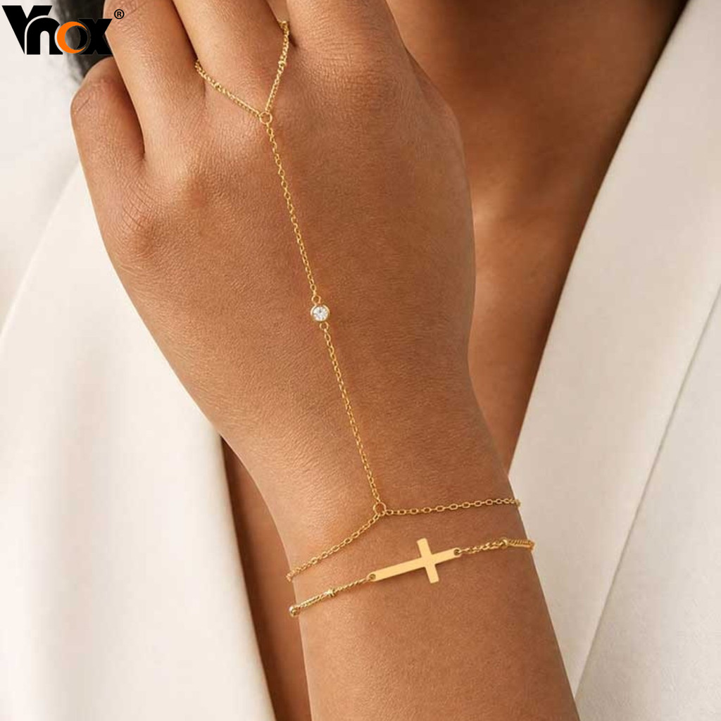 Pulseira Delicada De Corrente De Mão Cruzada Vnox Com Anel Para Mulheres , Joias De Dedo De Aço Inoxidável