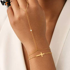 Pulseira Delicada De Corrente De Mão Cruzada Vnox Com Anel Para Mulheres , Joias De Dedo De Aço Inoxidável