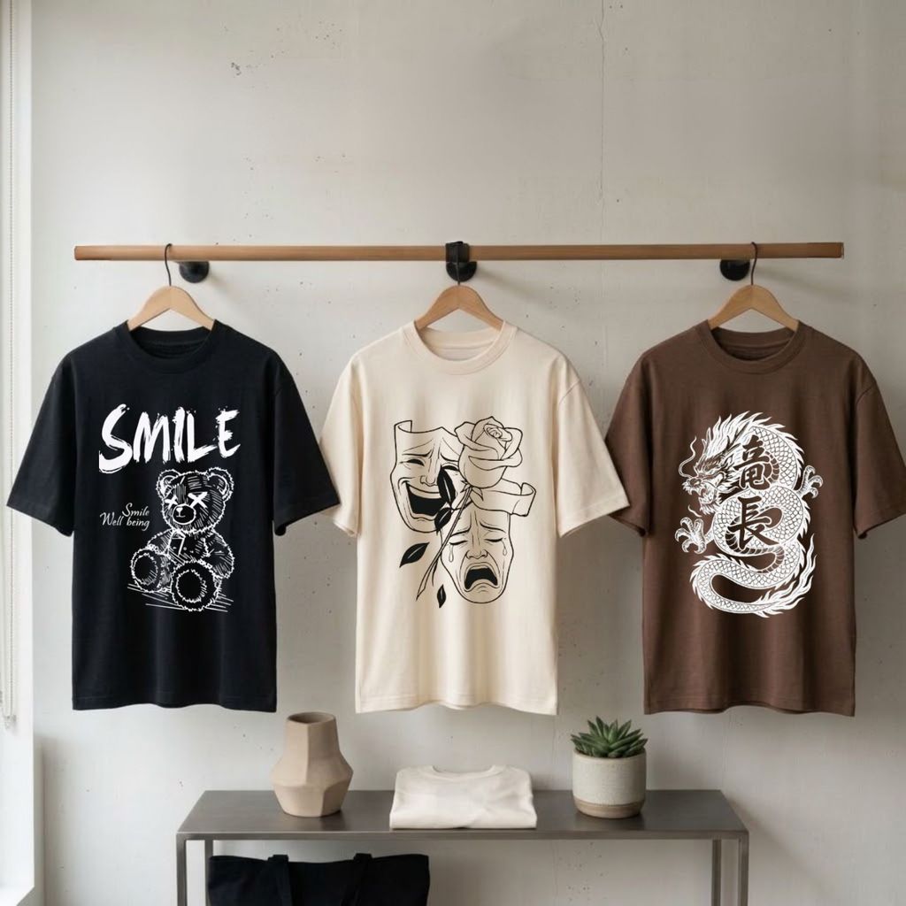 Kit 3 Camisetas Oversized Masculinas Streetwear Moda Urbana Estampada Confortável 100% Algodão Faces Dragão Urso