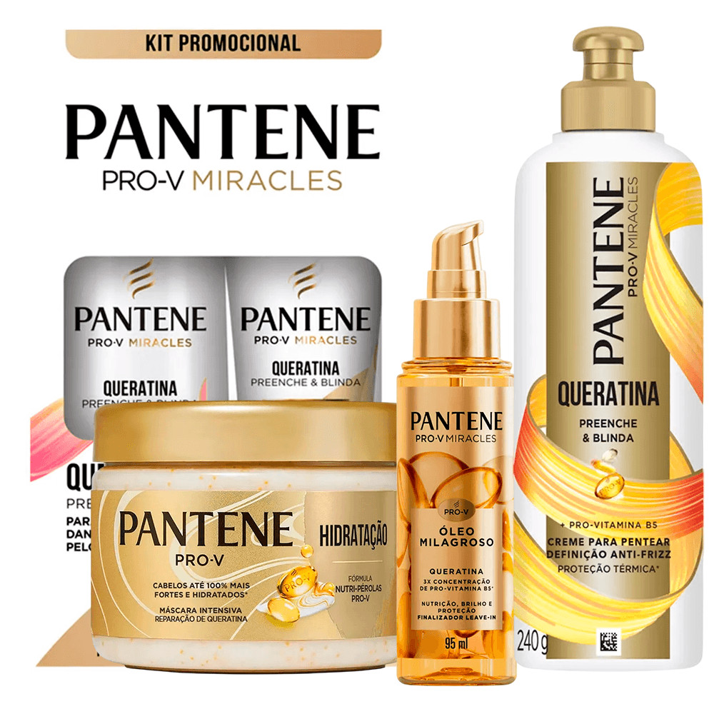 Kit Pantene Queratina Shampoo + Condicionador + Creme + Máscara Hidratação + Óle