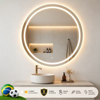 Espelho Redondo LED Tricolor | Toque Ajustável Espelho De Banheiro | Banheiro e Maquiagem Profissional