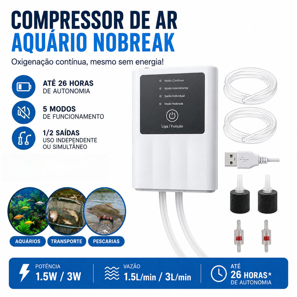 Oxigenador Aquário Nobreak Com 1/2 Saídas De Ar - Bivolt 1.5W/3W USB 2600Mah